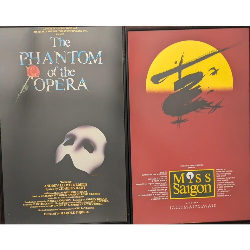 Vintage Framed Theater Posters Phantom of The Opera & Miss Saigon (Dewynters)